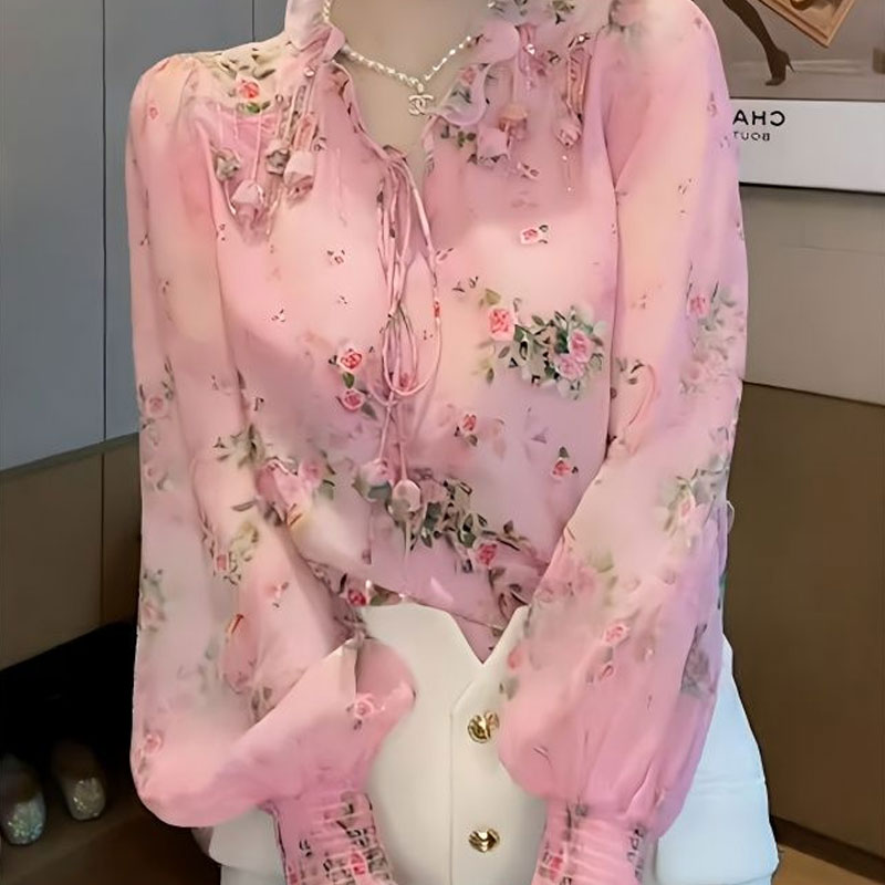 Tassel Fringe Trim - Blus motif bunga rusak Korea baju